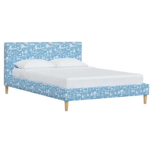 Wilton Platform Bed with Fancy Cone Legs - The Beach Toile - Blue, Upholstered