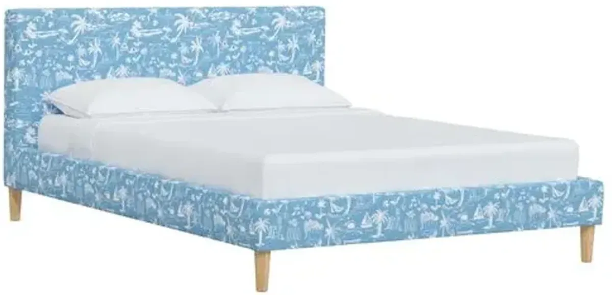 Wilton Platform Bed with Fancy Cone Legs - The Beach Toile - Blue, Upholstered