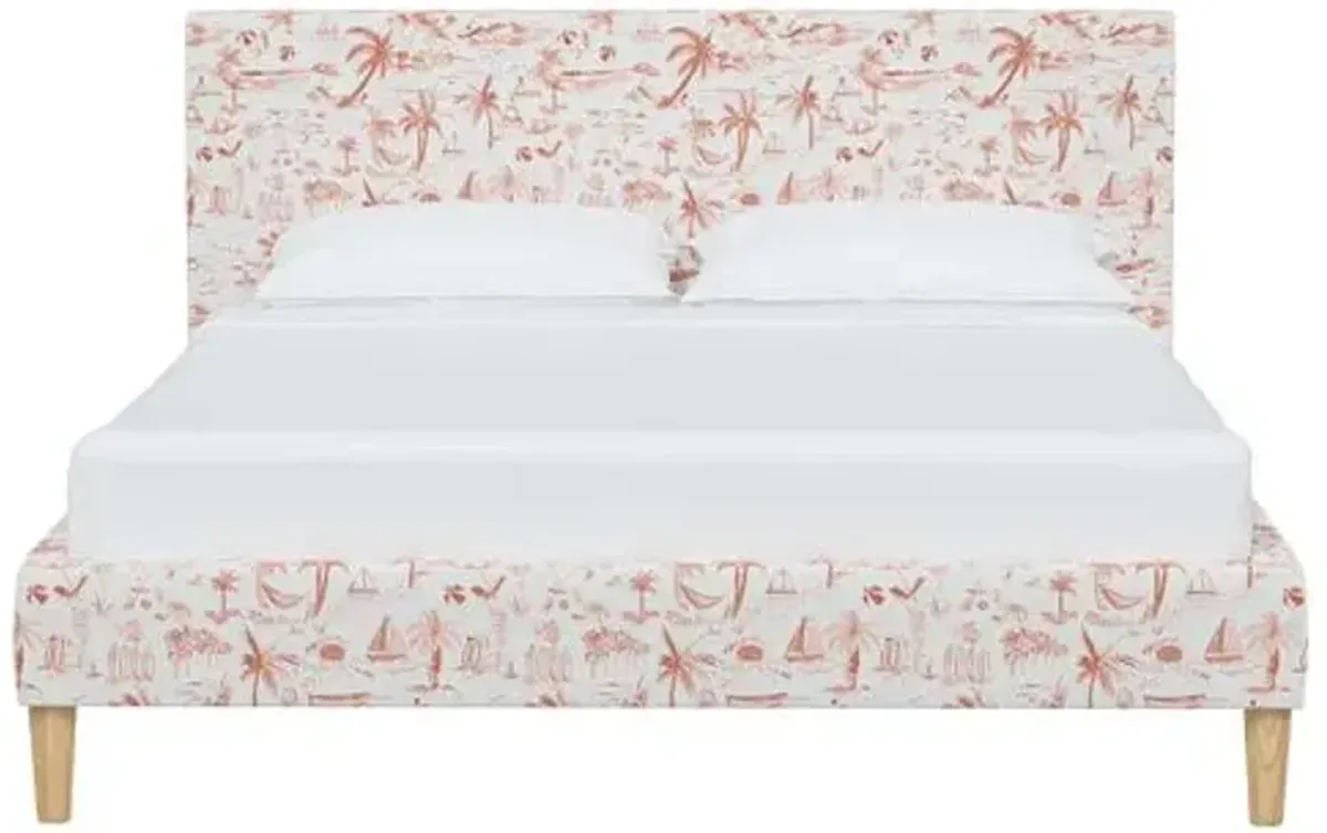 Wilton Platform Bed with Fancy Cone Legs - The Beach Toile - Orange, Upholstered