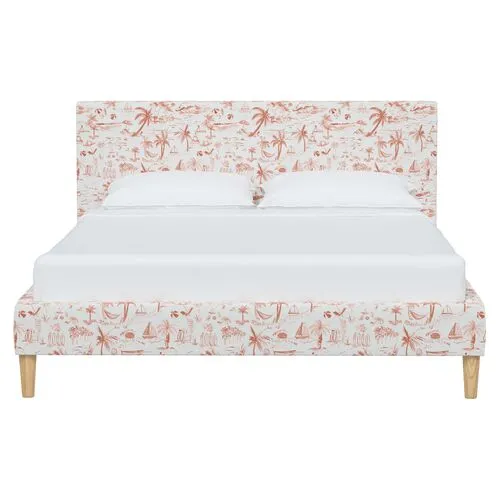 Wilton Platform Bed with Fancy Cone Legs - The Beach Toile - Orange, Upholstered