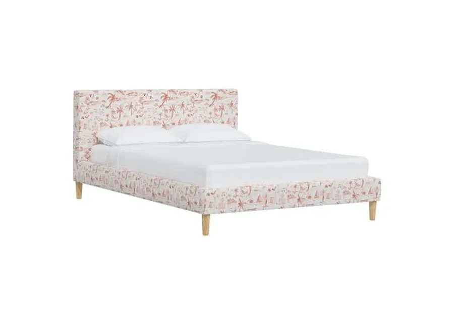 Wilton Platform Bed with Fancy Cone Legs - The Beach Toile - Orange, Upholstered