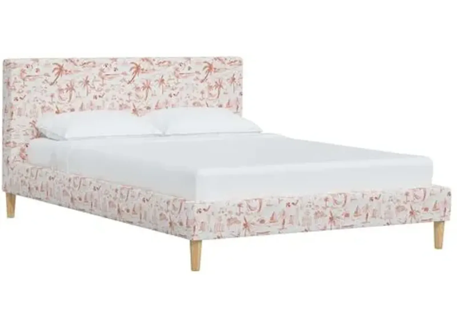 Wilton Platform Bed with Fancy Cone Legs - The Beach Toile - Orange, Upholstered