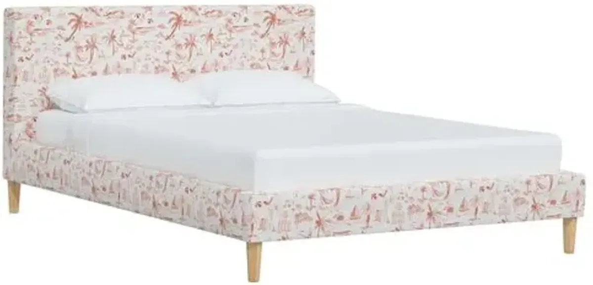 Wilton Platform Bed with Fancy Cone Legs - The Beach Toile - Orange, Upholstered