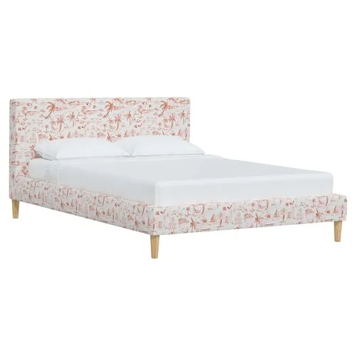 Wilton Platform Bed with Fancy Cone Legs - The Beach Toile - Orange, Upholstered