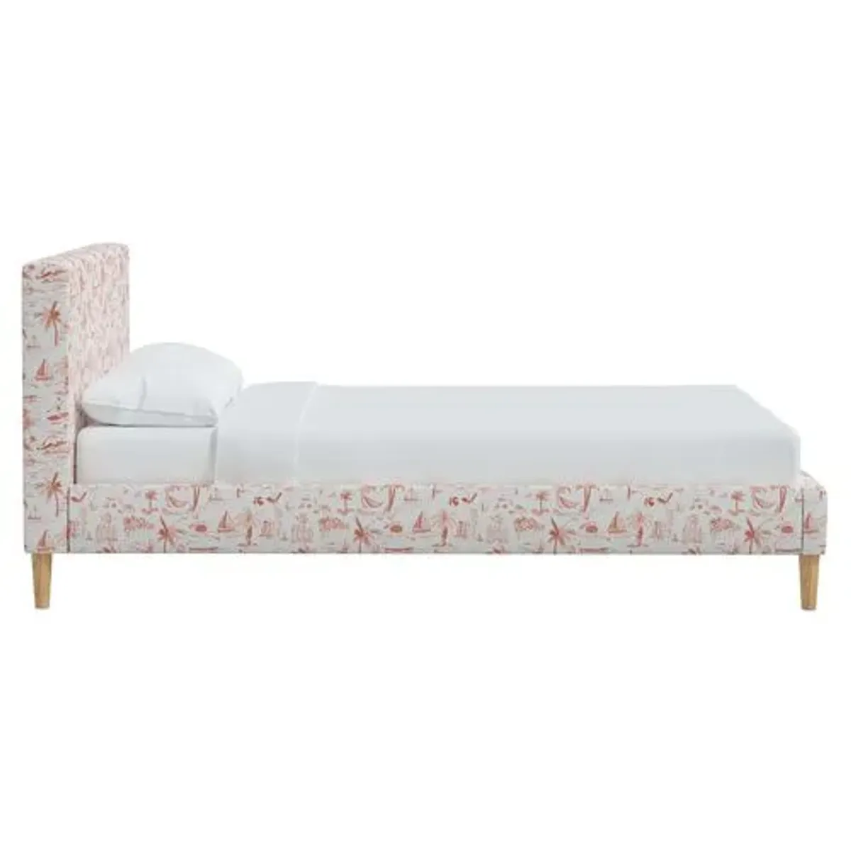 Wilton Platform Bed with Fancy Cone Legs - The Beach Toile - Orange, Upholstered