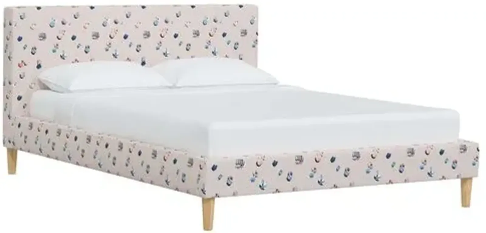 Wilton Platform Bed with Fancy Cone Legs - The Beach Scene - Beige, Upholstered