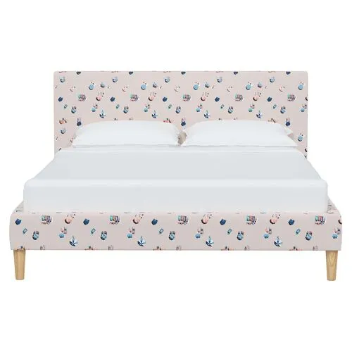 Wilton Platform Bed with Fancy Cone Legs - The Beach Scene - Beige, Upholstered