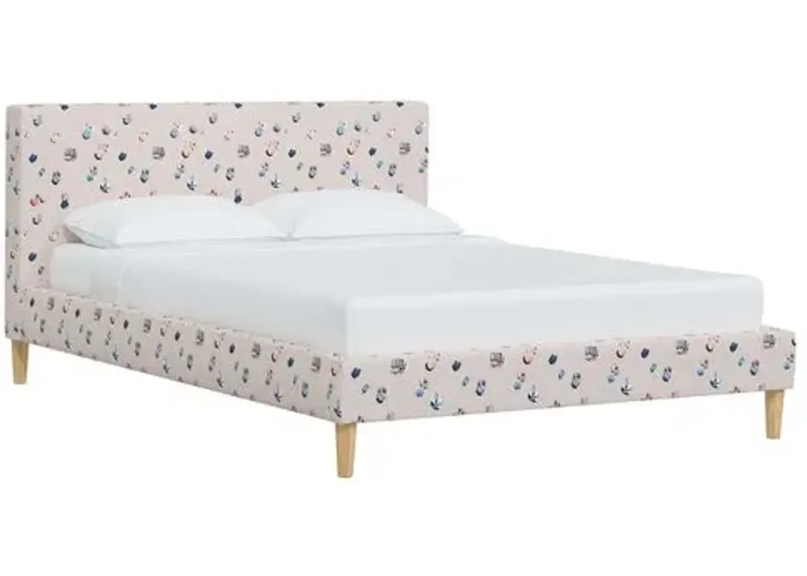 Wilton Platform Bed with Fancy Cone Legs - The Beach Scene - Beige, Upholstered