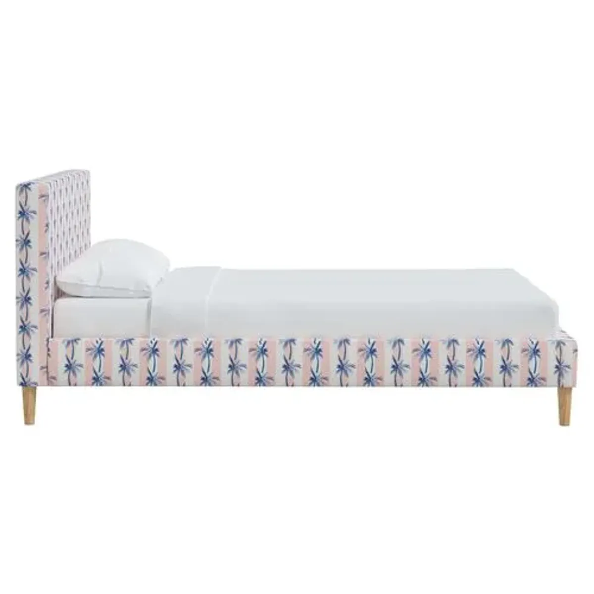 Wilton Platform Bed with Fancy Cone Legs - The Cabana Stripe Palms - Pink, Upholstered