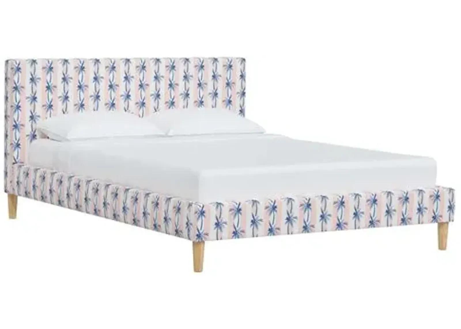 Wilton Platform Bed with Fancy Cone Legs - The Cabana Stripe Palms - Pink, Upholstered