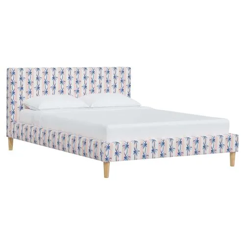 Wilton Platform Bed with Fancy Cone Legs - The Cabana Stripe Palms - Pink, Upholstered