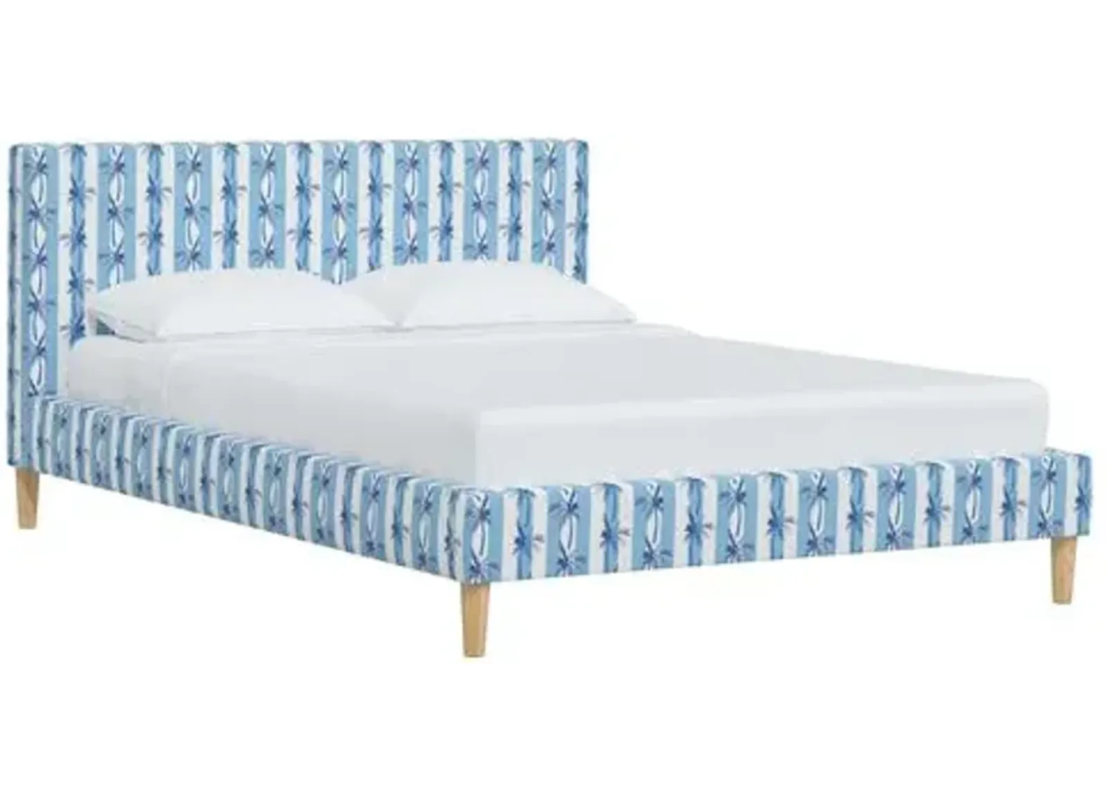 Wilton Platform Bed with Fancy Cone Legs - The Cabana Stripe Palms - Blue, Upholstered