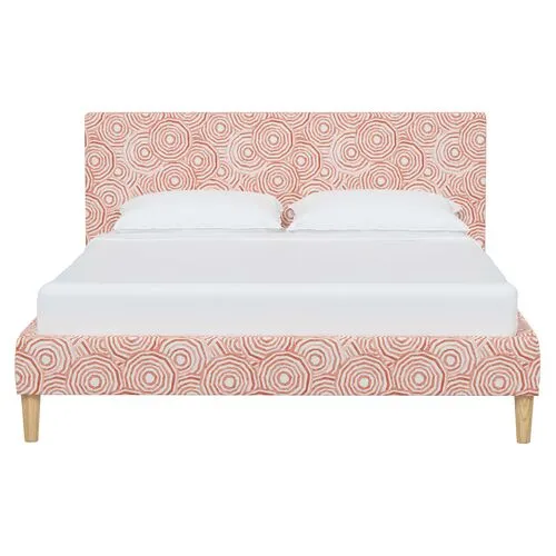 Wilton Platform Bed with Fancy Cone Legs - The Umbrella Swirl - Orange, Upholstered