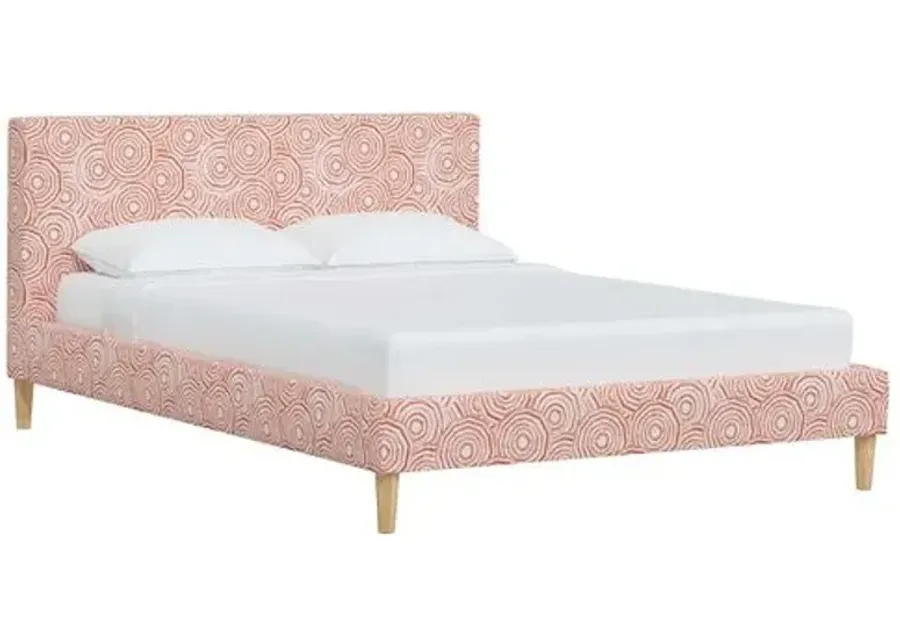 Wilton Platform Bed with Fancy Cone Legs - The Umbrella Swirl - Orange, Upholstered