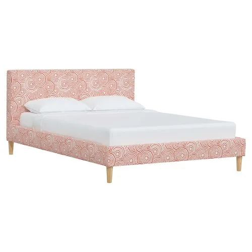 Wilton Platform Bed with Fancy Cone Legs - The Umbrella Swirl - Orange, Upholstered