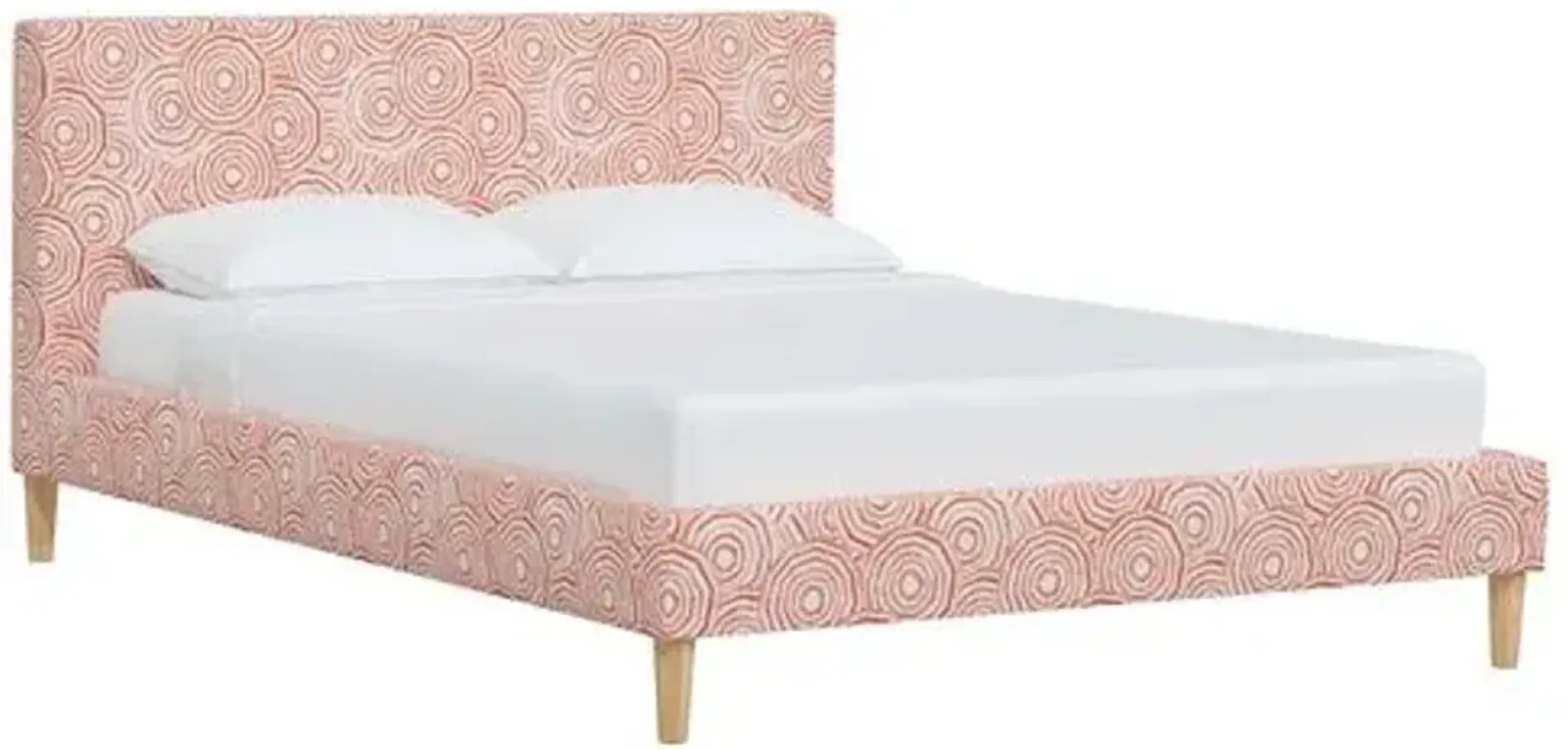 Wilton Platform Bed with Fancy Cone Legs - The Umbrella Swirl - Orange, Upholstered