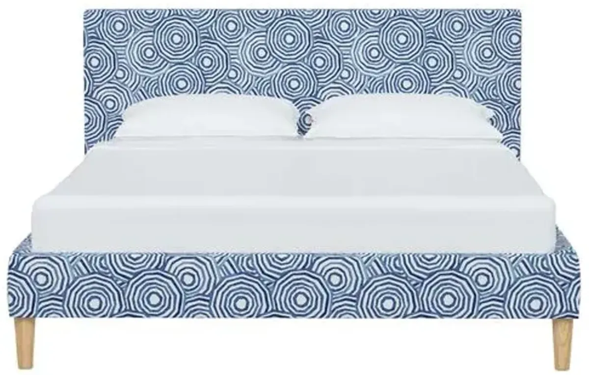 Wilton Platform Bed with Fancy Cone Legs - The Umbrella Swirl - Blue, Upholstered