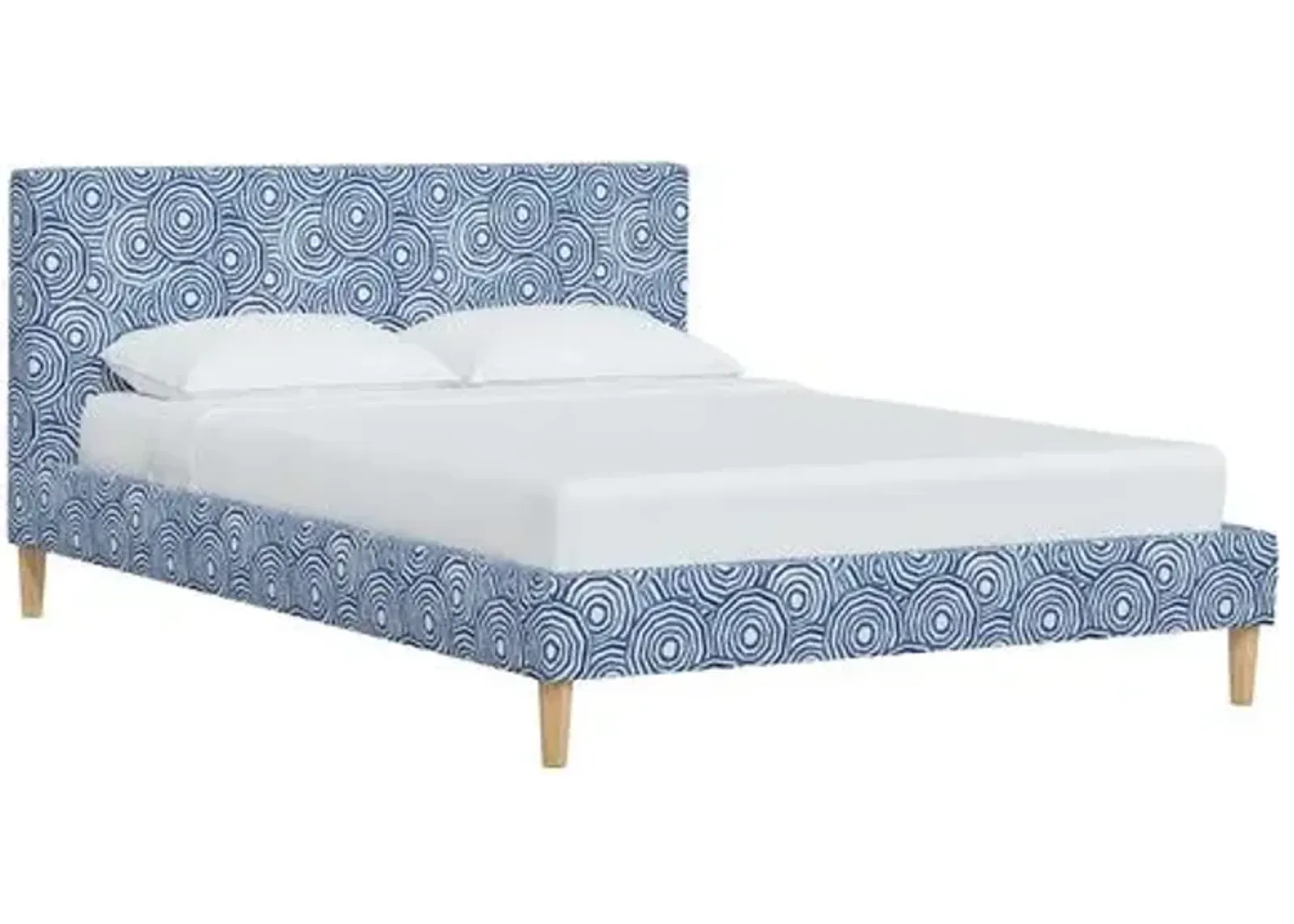 Wilton Platform Bed with Fancy Cone Legs - The Umbrella Swirl - Blue, Upholstered