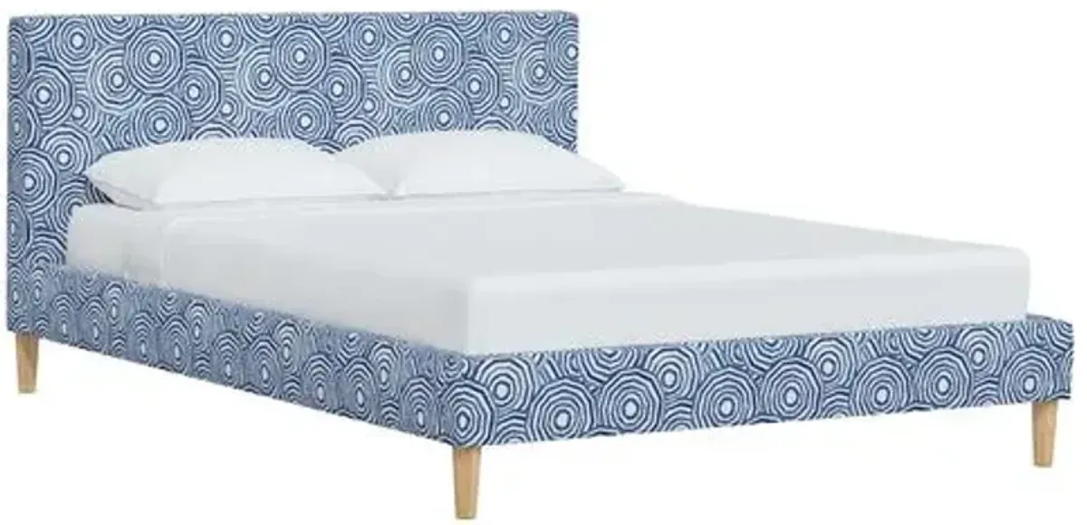 Wilton Platform Bed with Fancy Cone Legs - The Umbrella Swirl - Blue, Upholstered