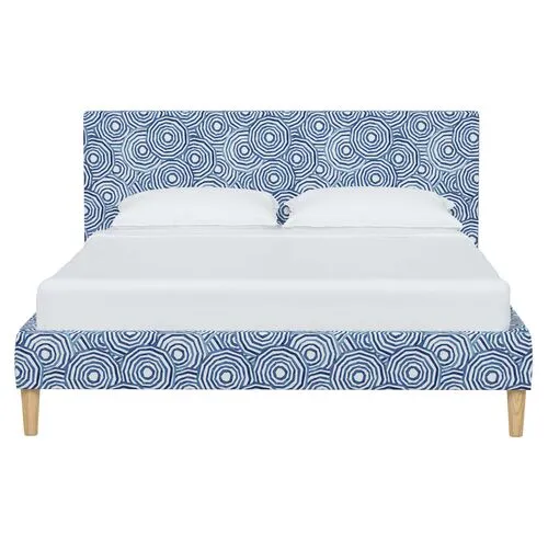 Wilton Platform Bed with Fancy Cone Legs - The Umbrella Swirl - Blue, Upholstered