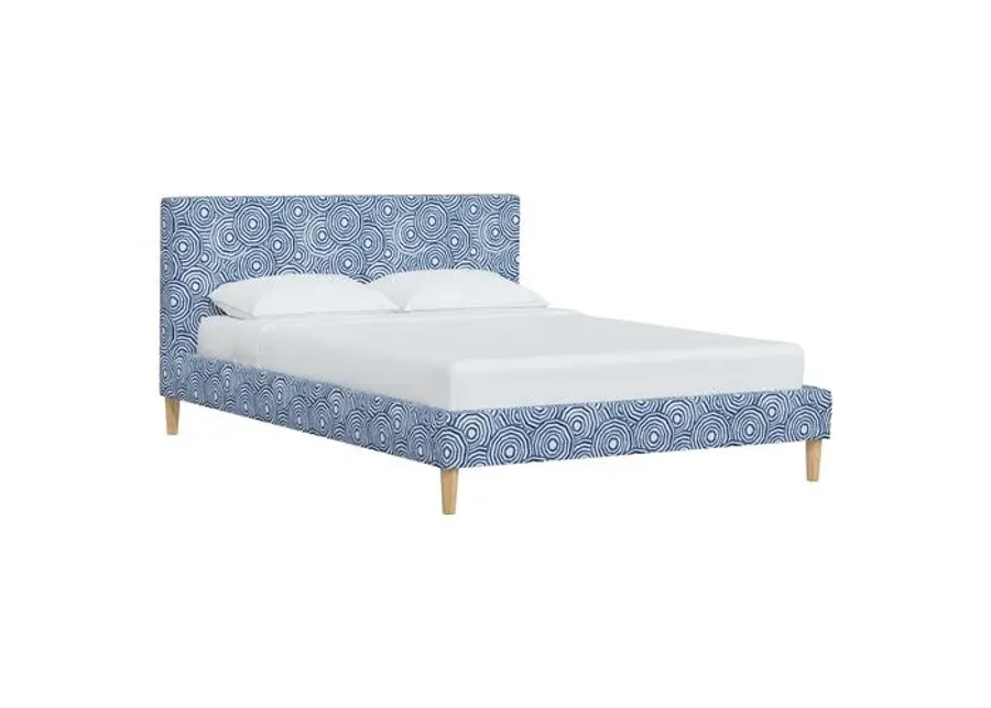 Wilton Platform Bed with Fancy Cone Legs - The Umbrella Swirl - Blue, Upholstered