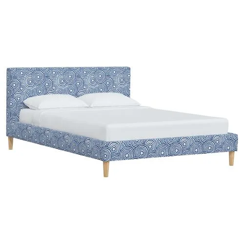 Wilton Platform Bed with Fancy Cone Legs - The Umbrella Swirl - Blue, Upholstered