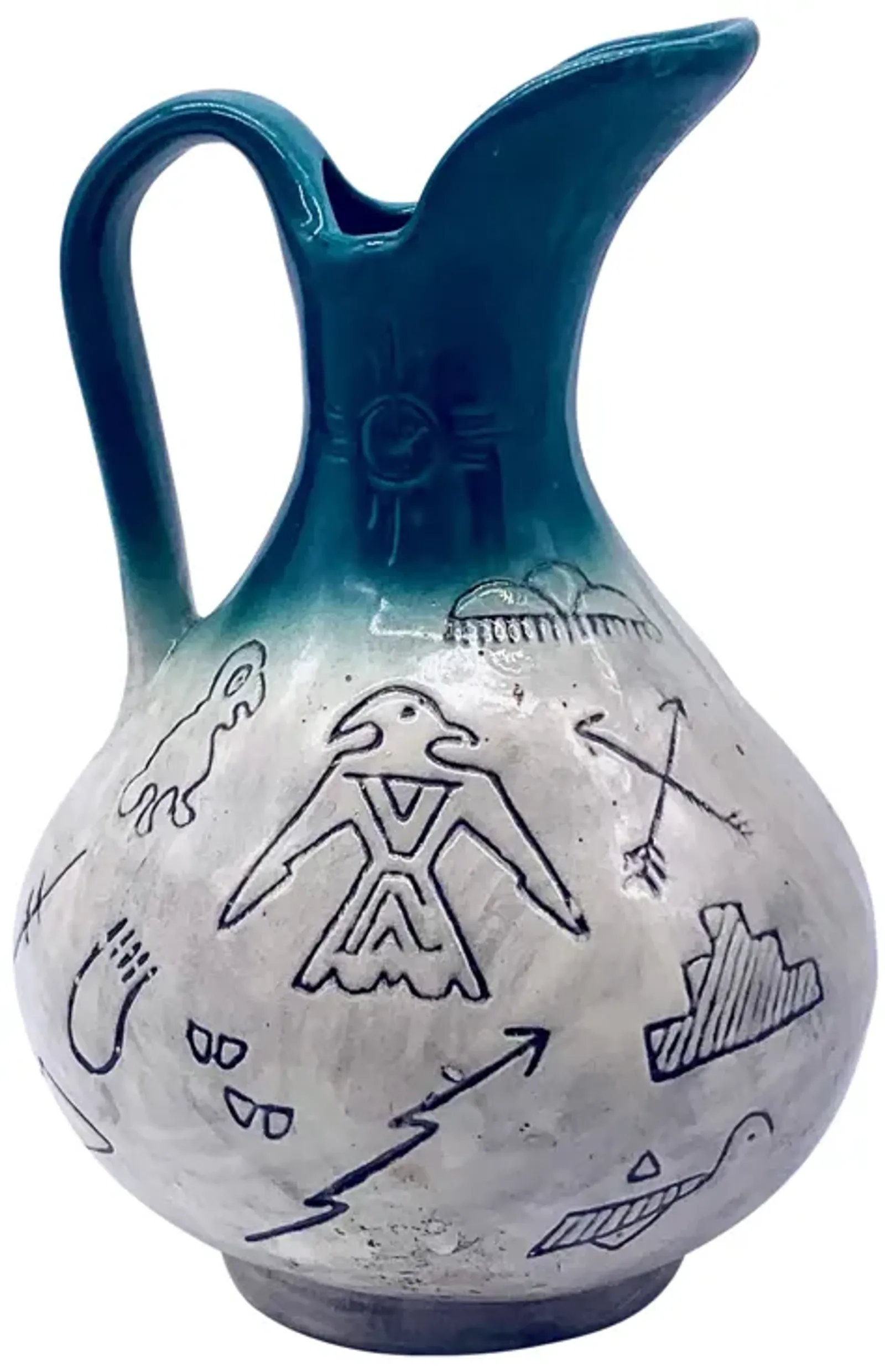 Midcentury Carved Pottery Pitcher Vase - Pilar Collection - Blue