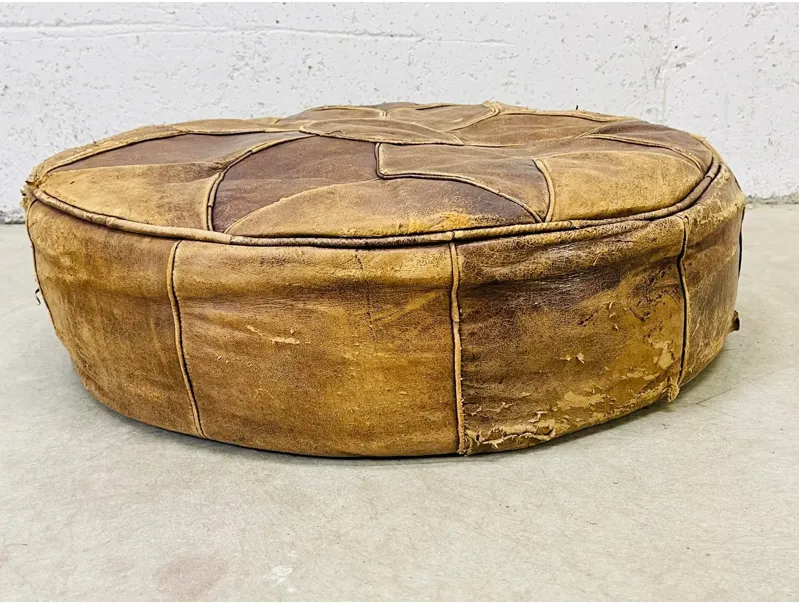 Round Distressed Leather Hassock - 2-b-Modern - Brown