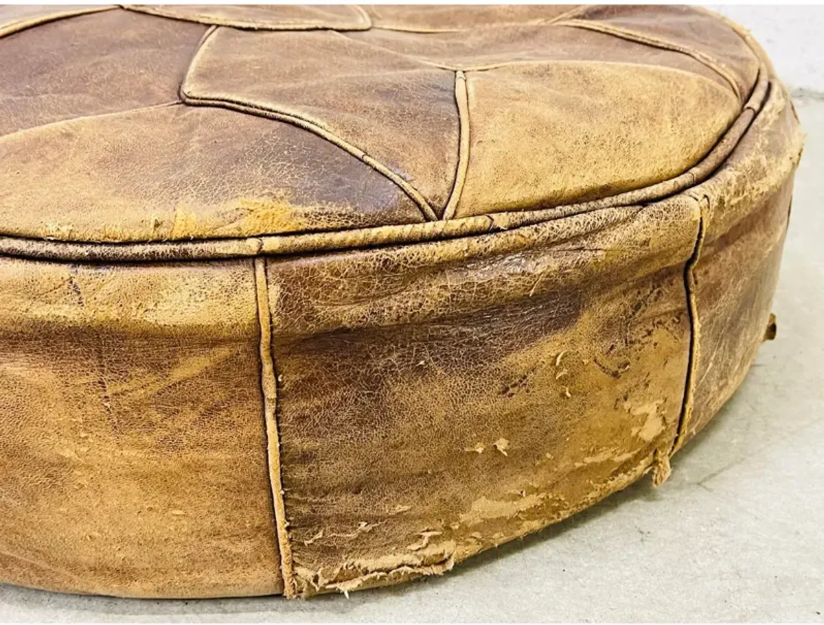 Round Distressed Leather Hassock - 2-b-Modern - Brown