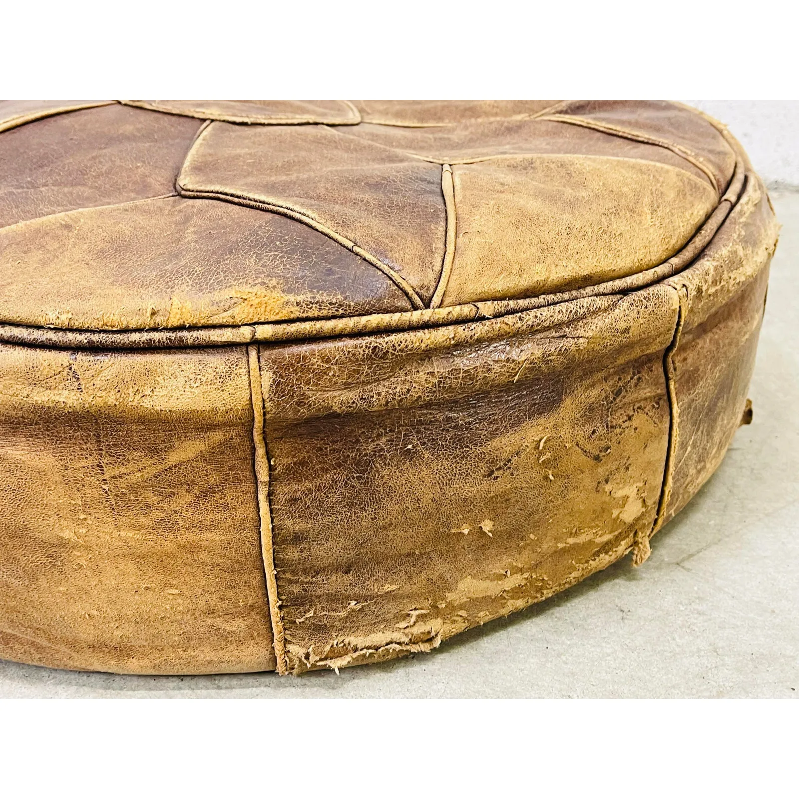 Round Distressed Leather Hassock - 2-b-Modern - Brown