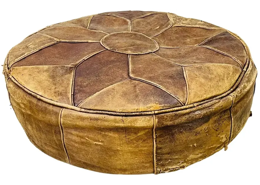 Round Distressed Leather Hassock - 2-b-Modern - Brown