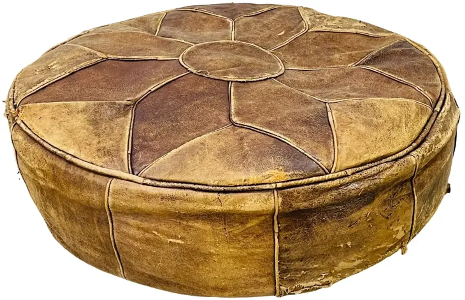 Round Distressed Leather Hassock - 2-b-Modern - Brown