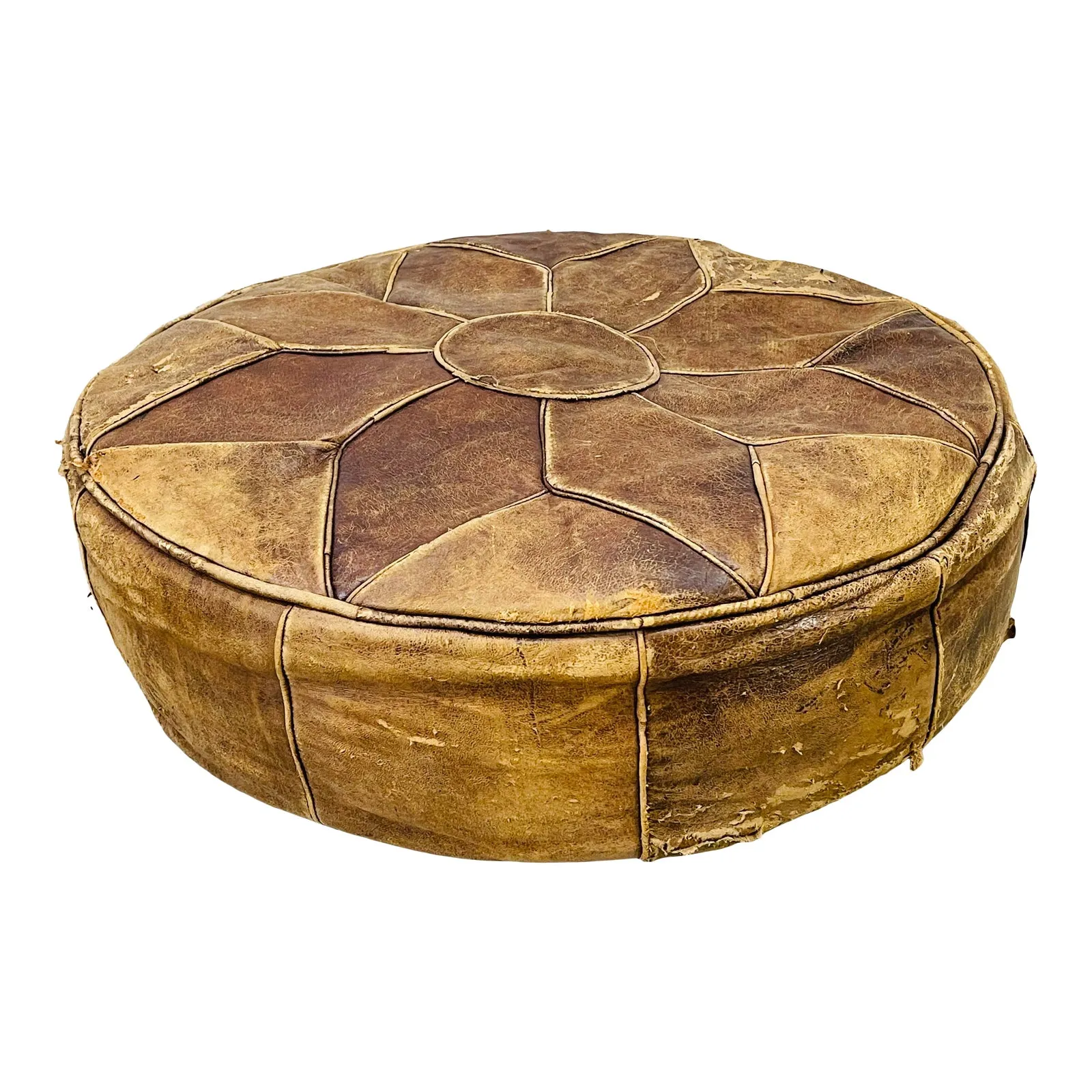 Round Distressed Leather Hassock - 2-b-Modern - Brown