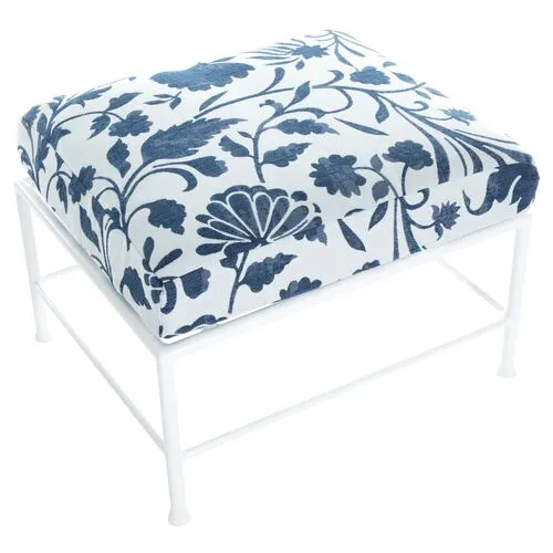 Frances White Outdoor Ottoman - Indigo Dolce Floral - Blue