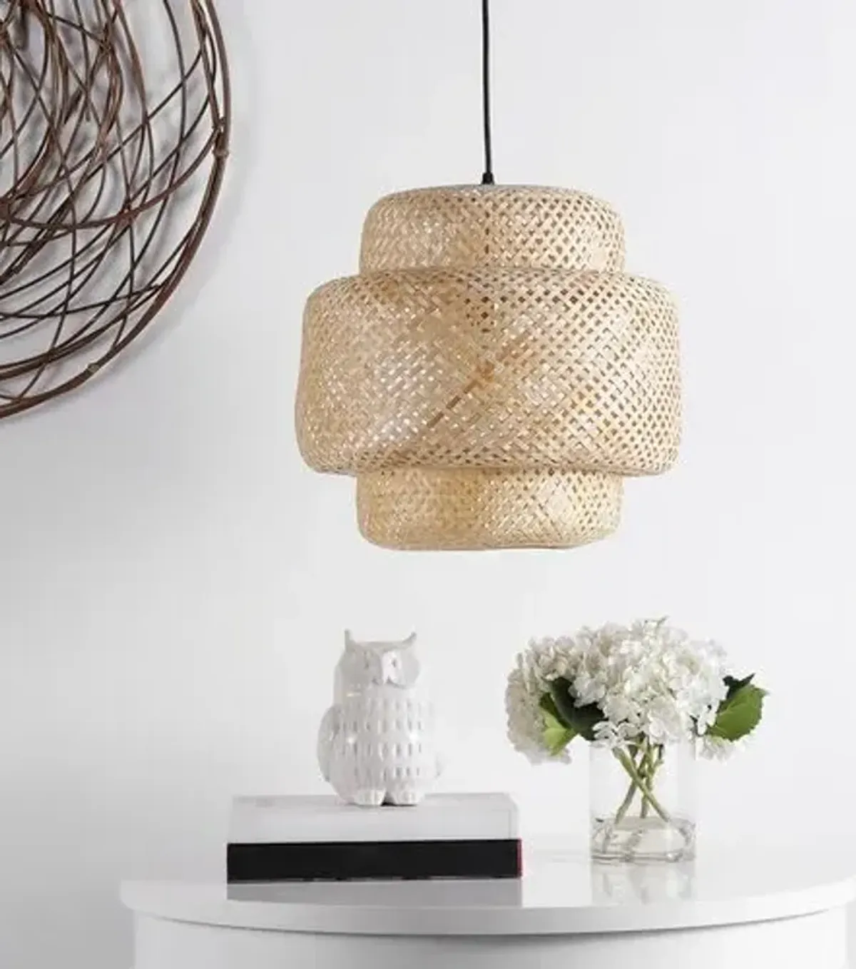 Klarise Basket-Woven Pendant - Natural Rattan - Beige