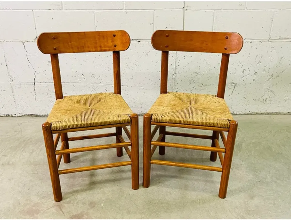 1960s Oak & Papercord Dining Chairs - Pr - 2-b-Modern - Brown