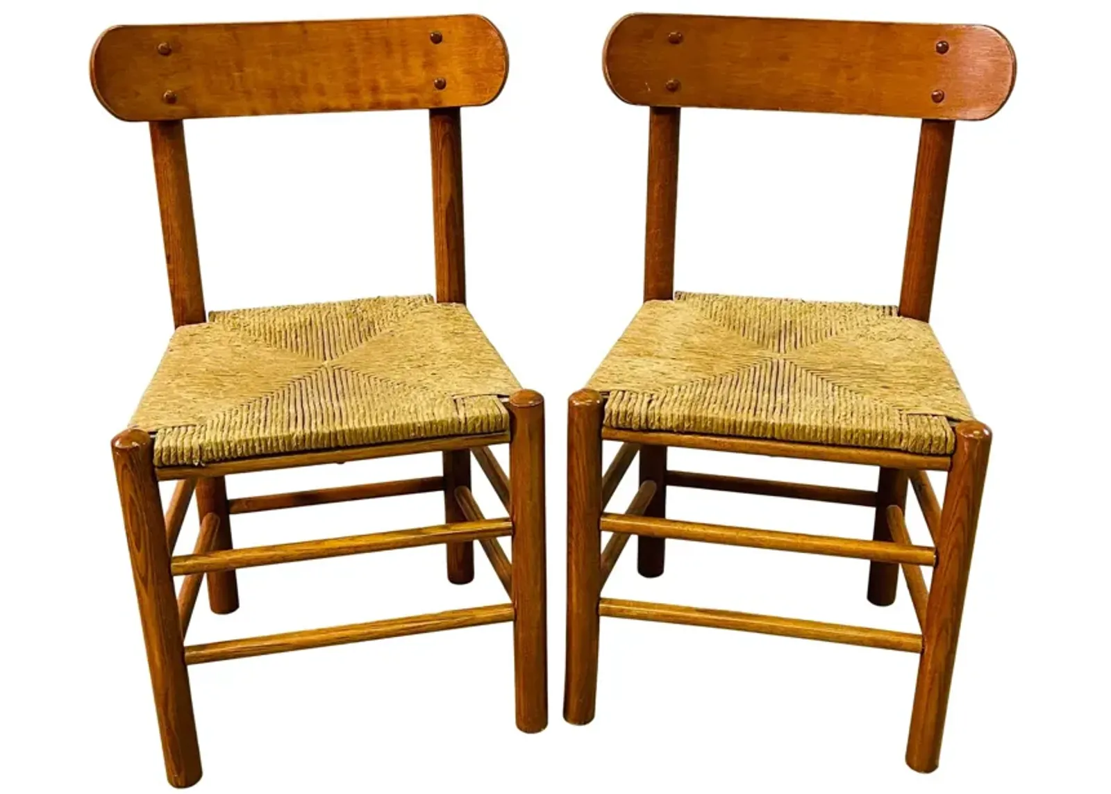 1960s Oak & Papercord Dining Chairs - Pr - 2-b-Modern - Brown