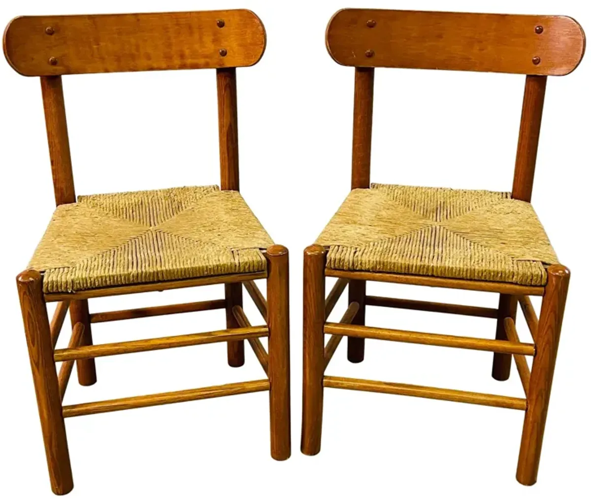 1960s Oak & Papercord Dining Chairs - Pr - 2-b-Modern - Brown