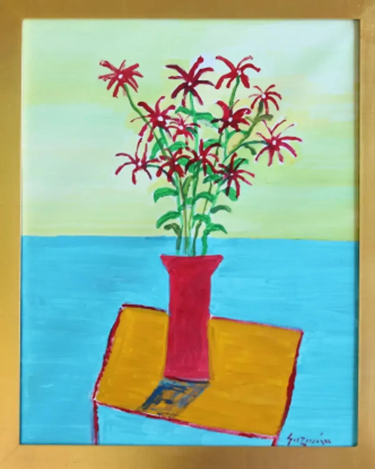 Juan Guzman Flowers Red Vase Painting - blue