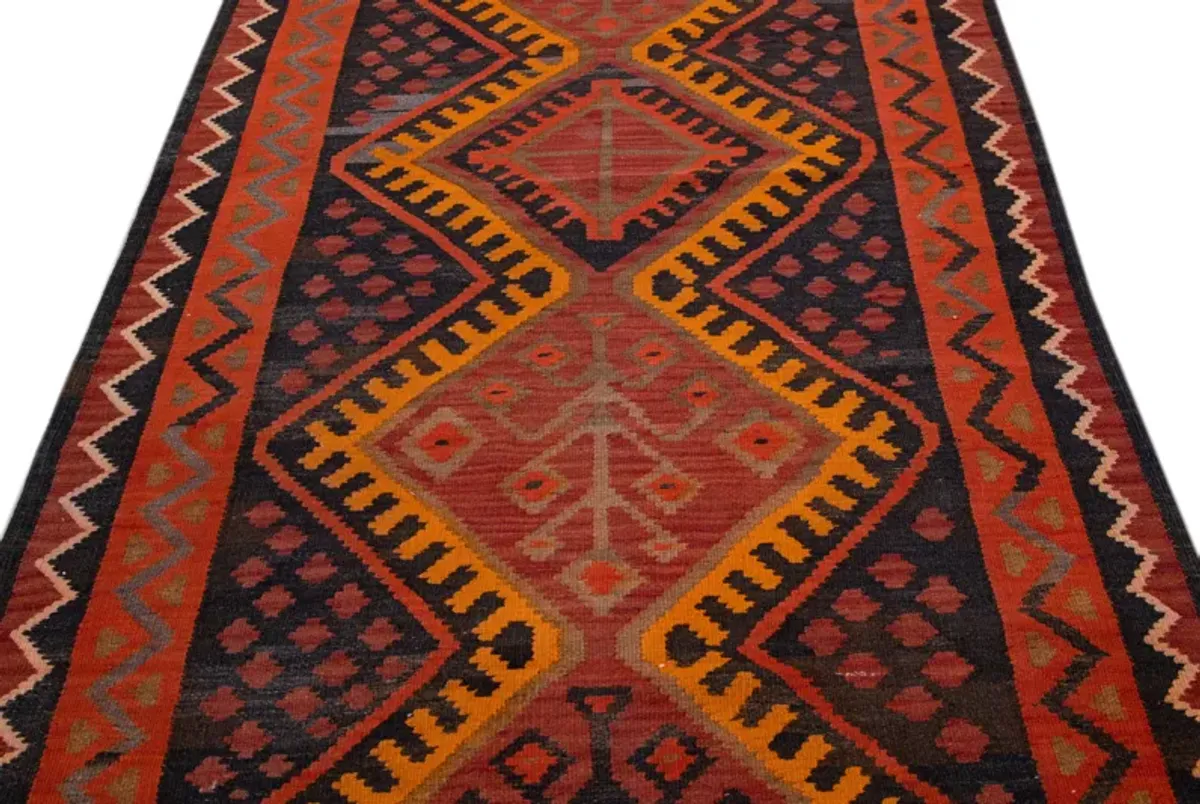 Vintage Kilim Handmade Red Wool Runner - Apadana - Orange