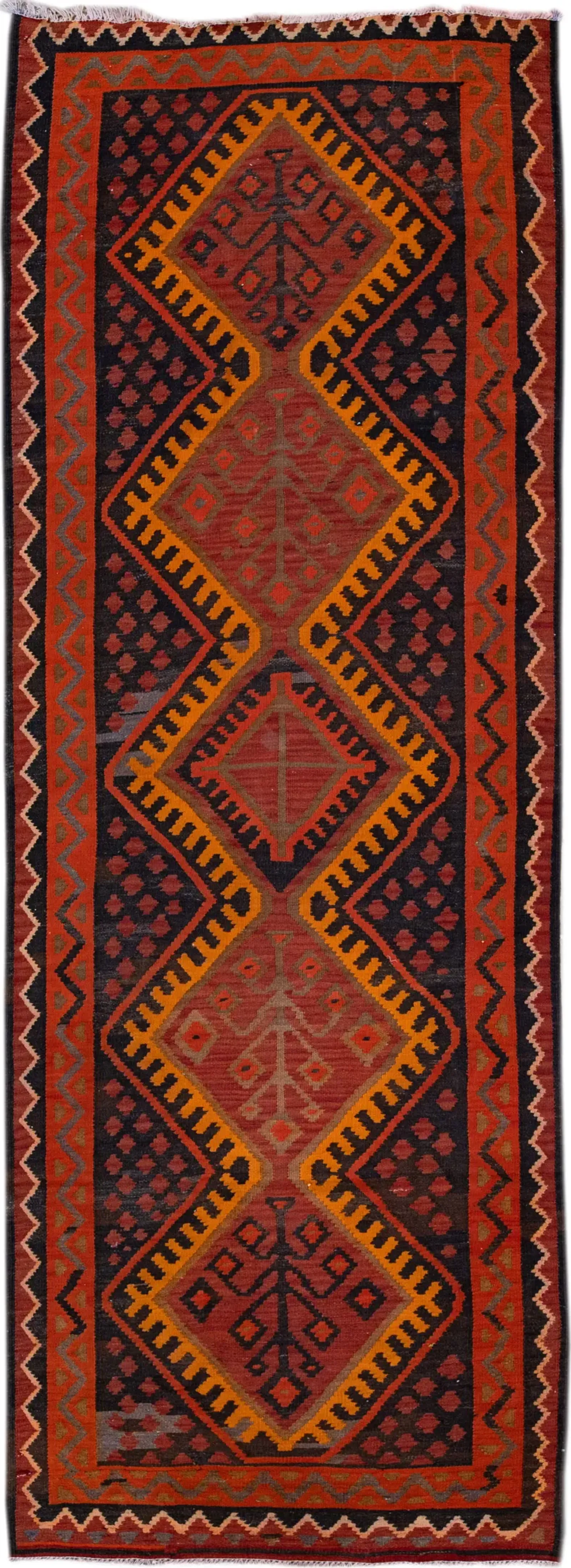 Vintage Kilim Handmade Red Wool Runner - Apadana - Orange