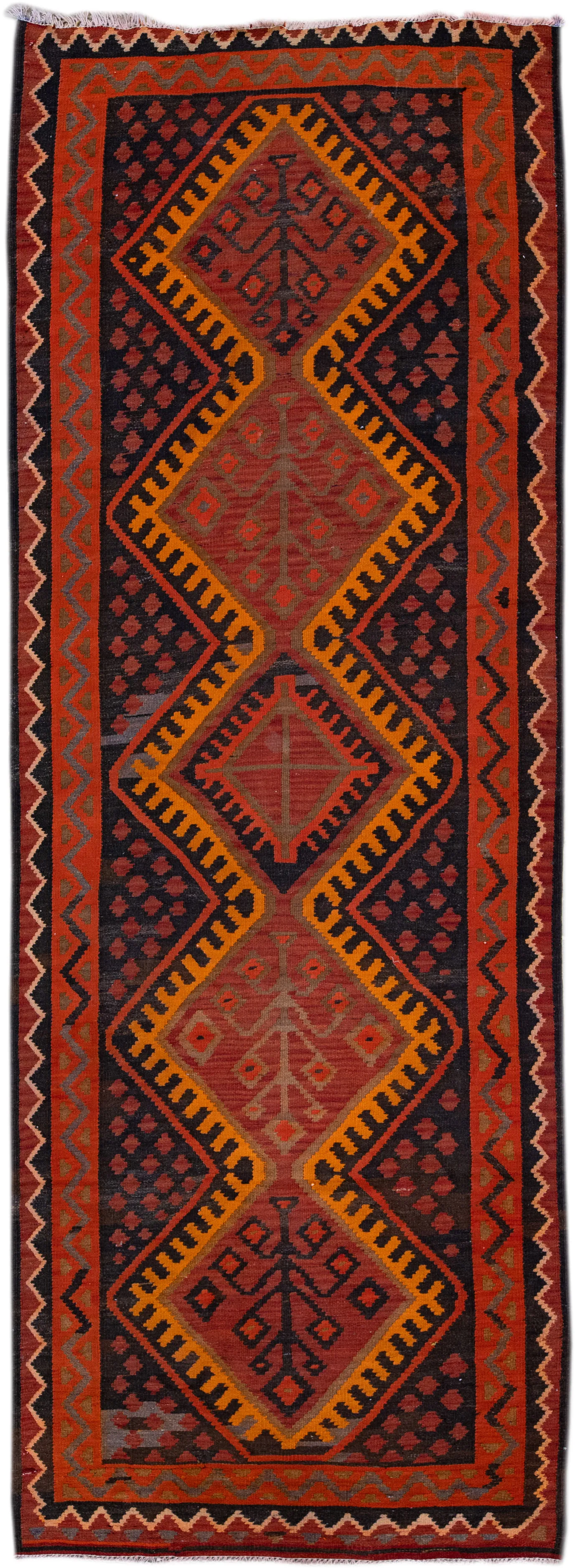 Vintage Kilim Handmade Red Wool Runner - Apadana - Orange