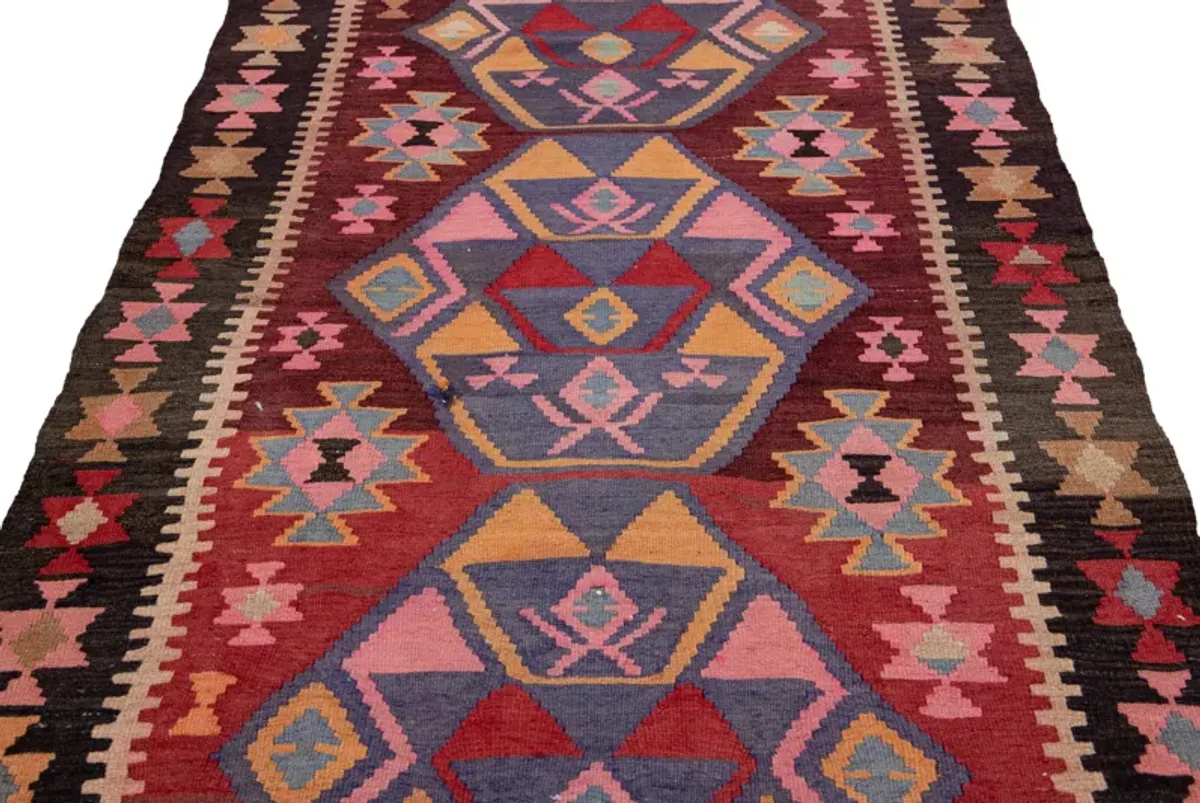 Vintage Kilim Handmade Red Wool Runner - Apadana - pink