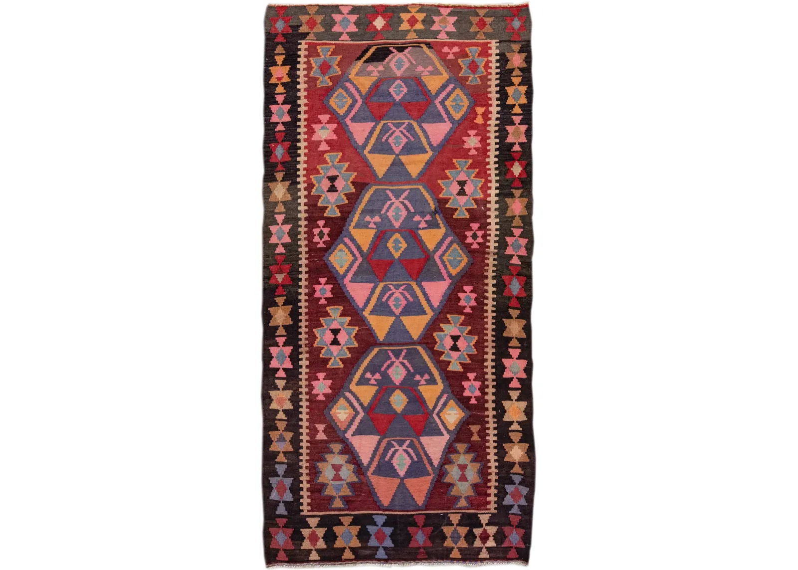 Vintage Kilim Handmade Red Wool Runner - Apadana - pink