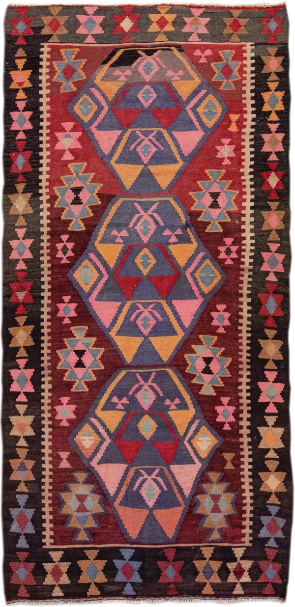 Vintage Kilim Handmade Red Wool Runner - Apadana - Pink