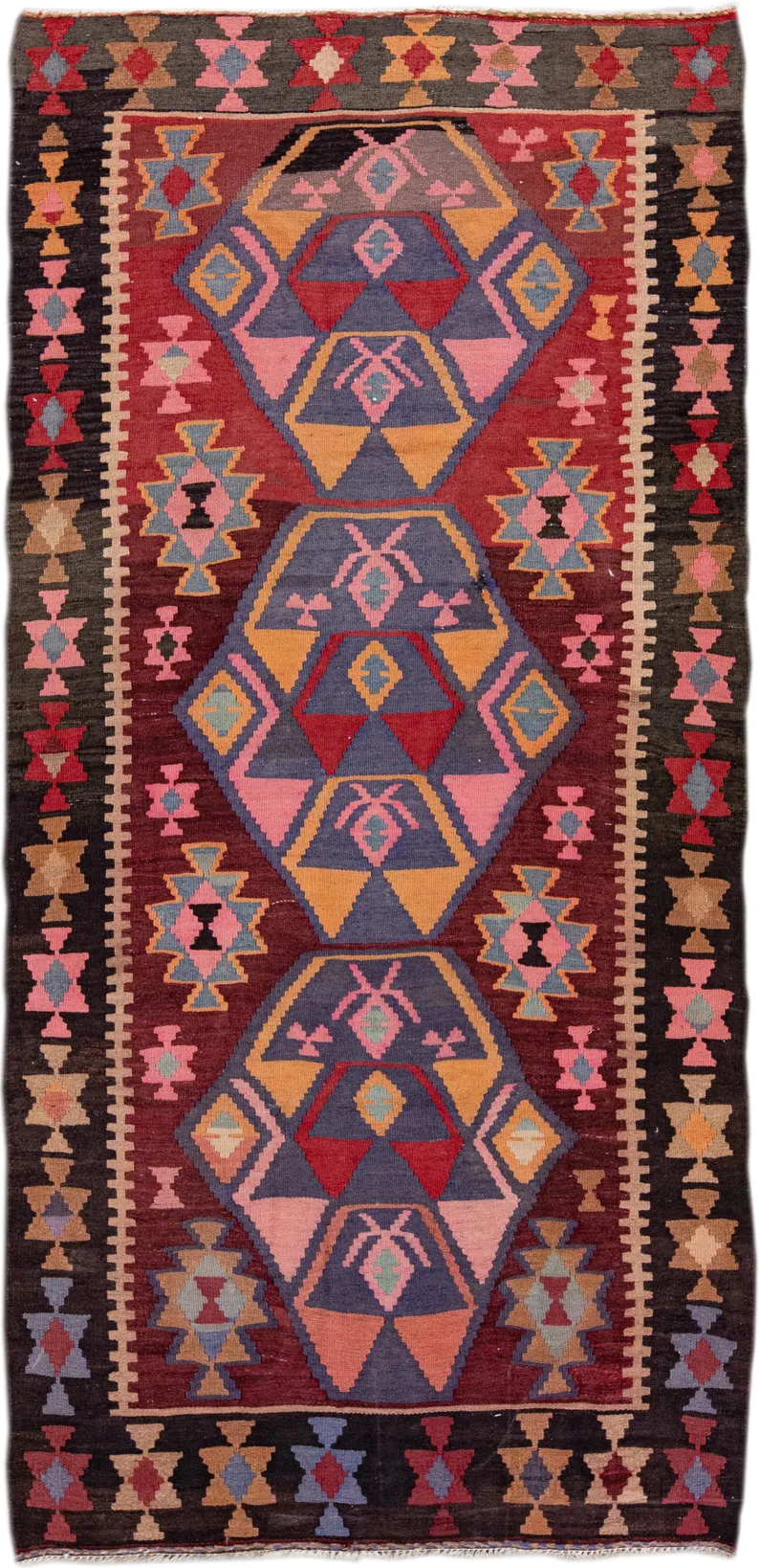 Vintage Kilim Handmade Red Wool Runner - Apadana - pink