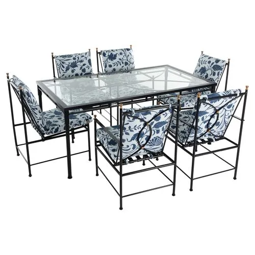 Frances 7-Pc Rectangular Outdoor Dining Set - Indigo Dolce Floral - Blue