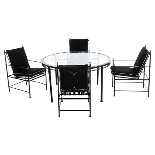 Frances 5-Pc Round Outdoor Dining Set - Black/White Welt