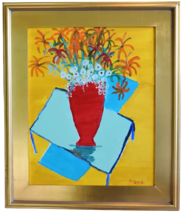 Juan Guzman Flowers Red Vase Painting - Yellow