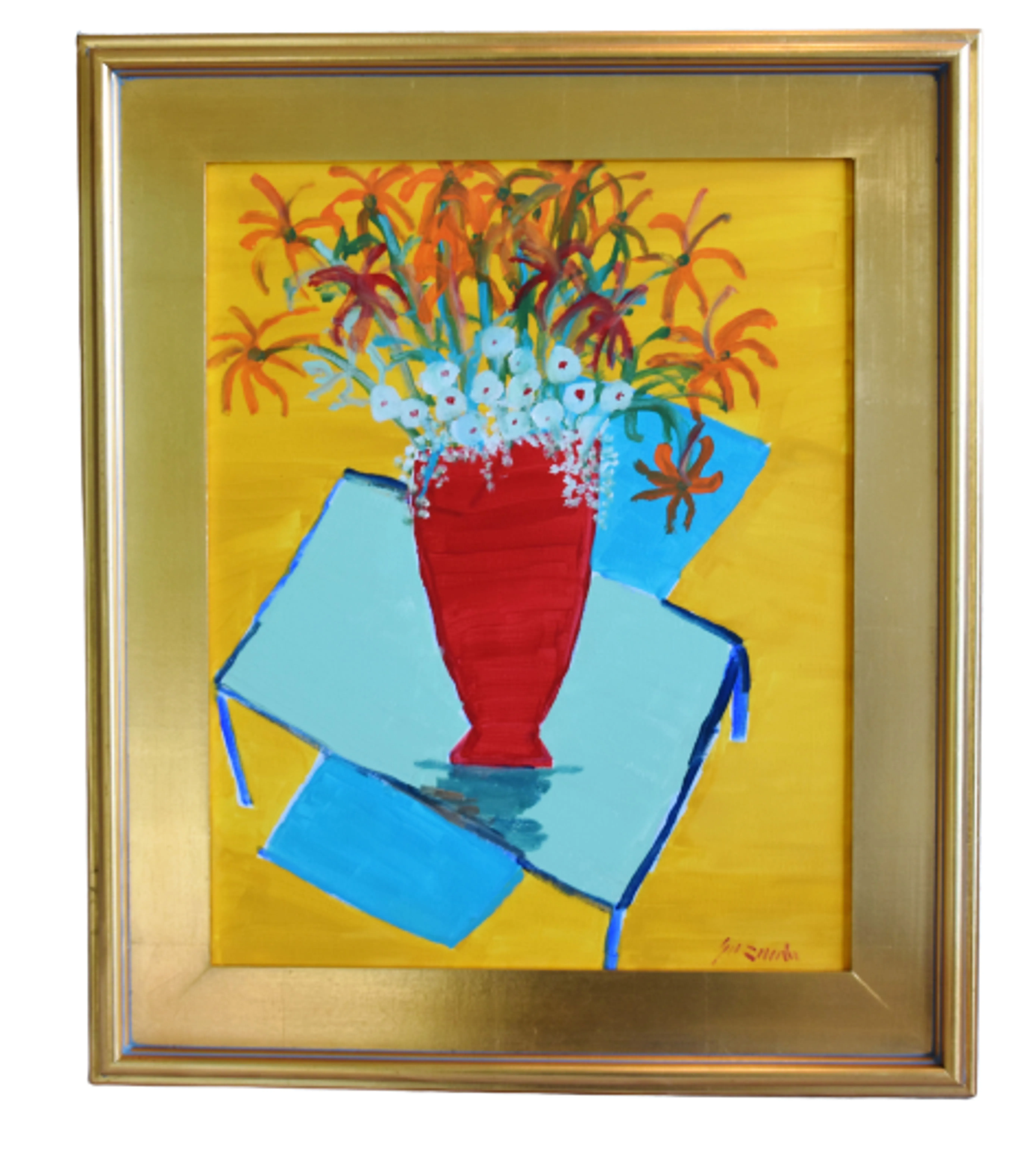 Juan Guzman Flowers Red Vase Painting - yellow